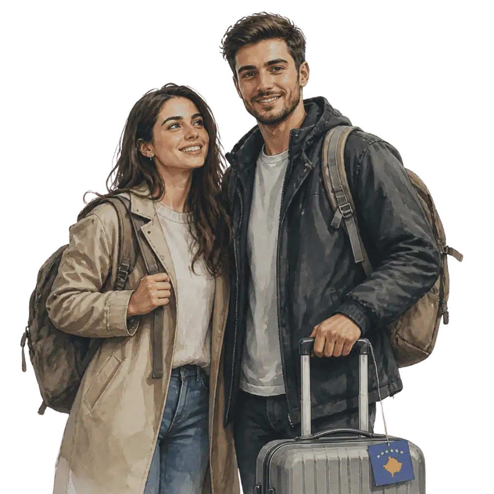 Travellers with backpacks, a camera and a flag tag representing travel from Kosovo to Canada