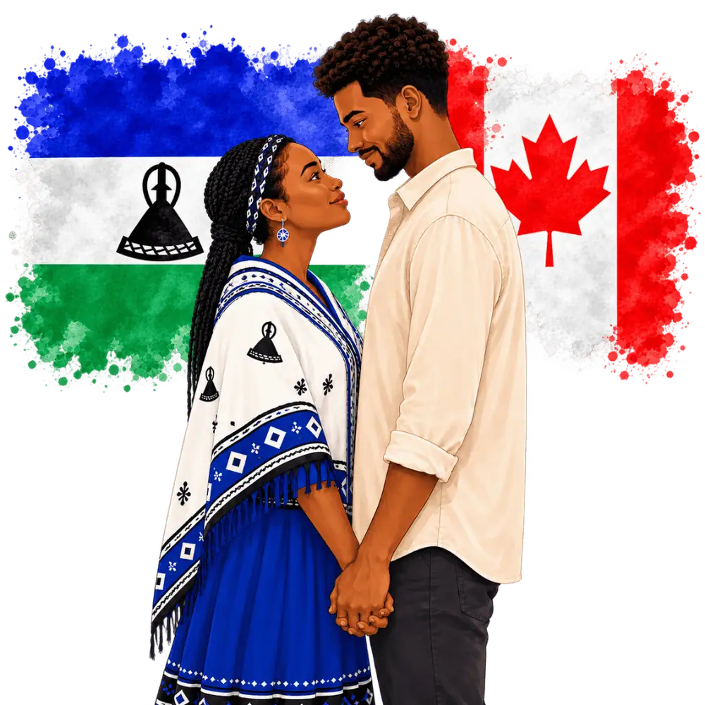 Couple with Lesotho and Canadian flags representing spousal sponsorship from Lesotho to Canada