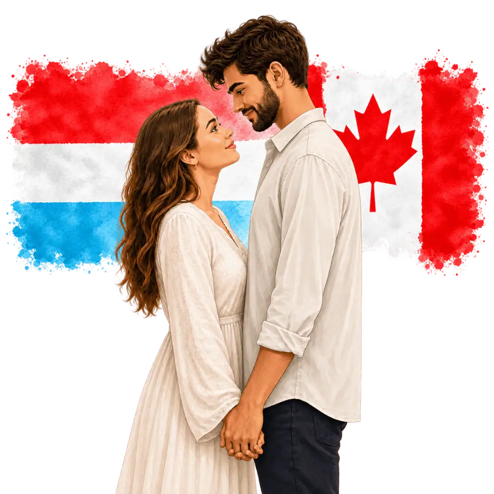 Couple with Luxembourgish and Canadian flags representing spousal sponsorship from Luxembourg to Canada