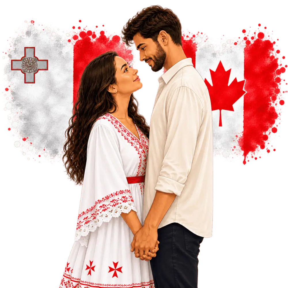 Couple with Maltese and Canadian flags representing spousal sponsorship from Malta to Canada