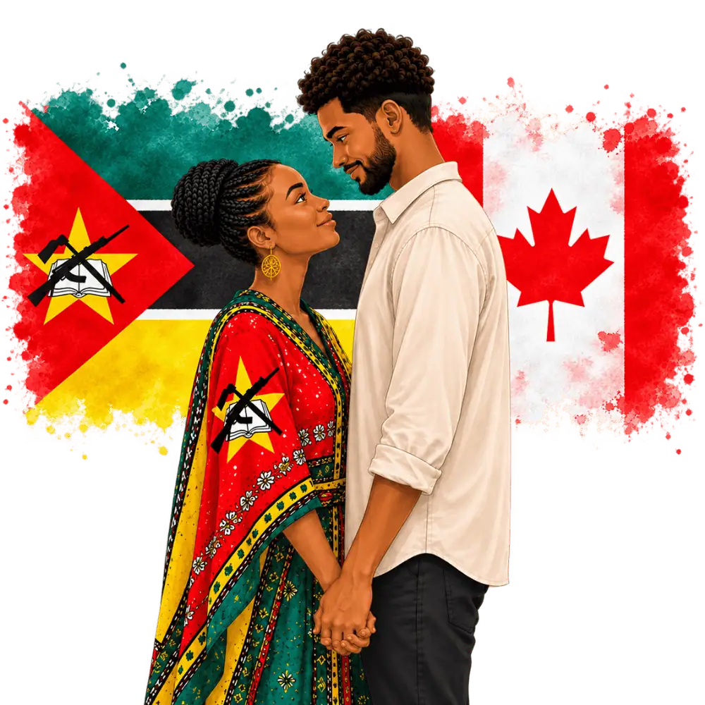 Couple with Mozambican and Canadian flags representing spousal sponsorship from Mozambique to Canada