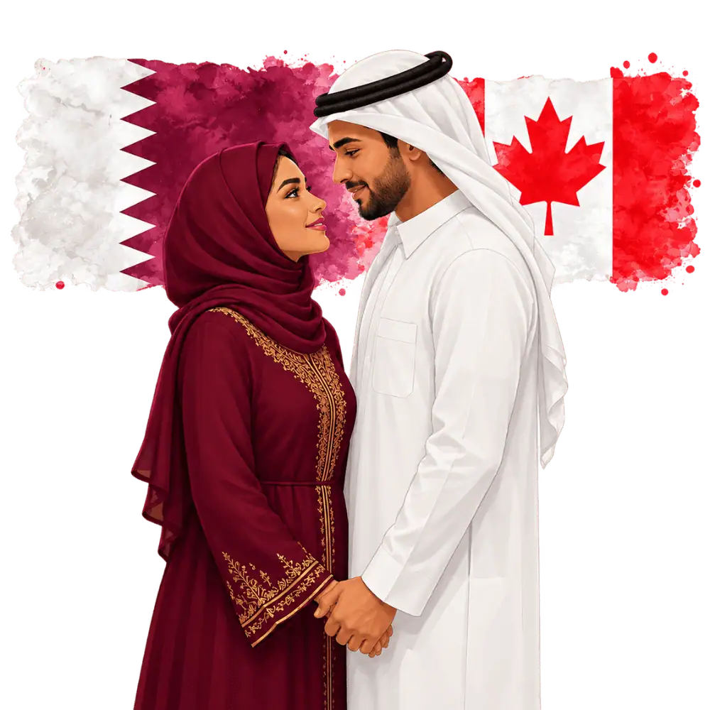 Couple with Qatari and Canadian flags representing spousal sponsorship from Qatar to Canada