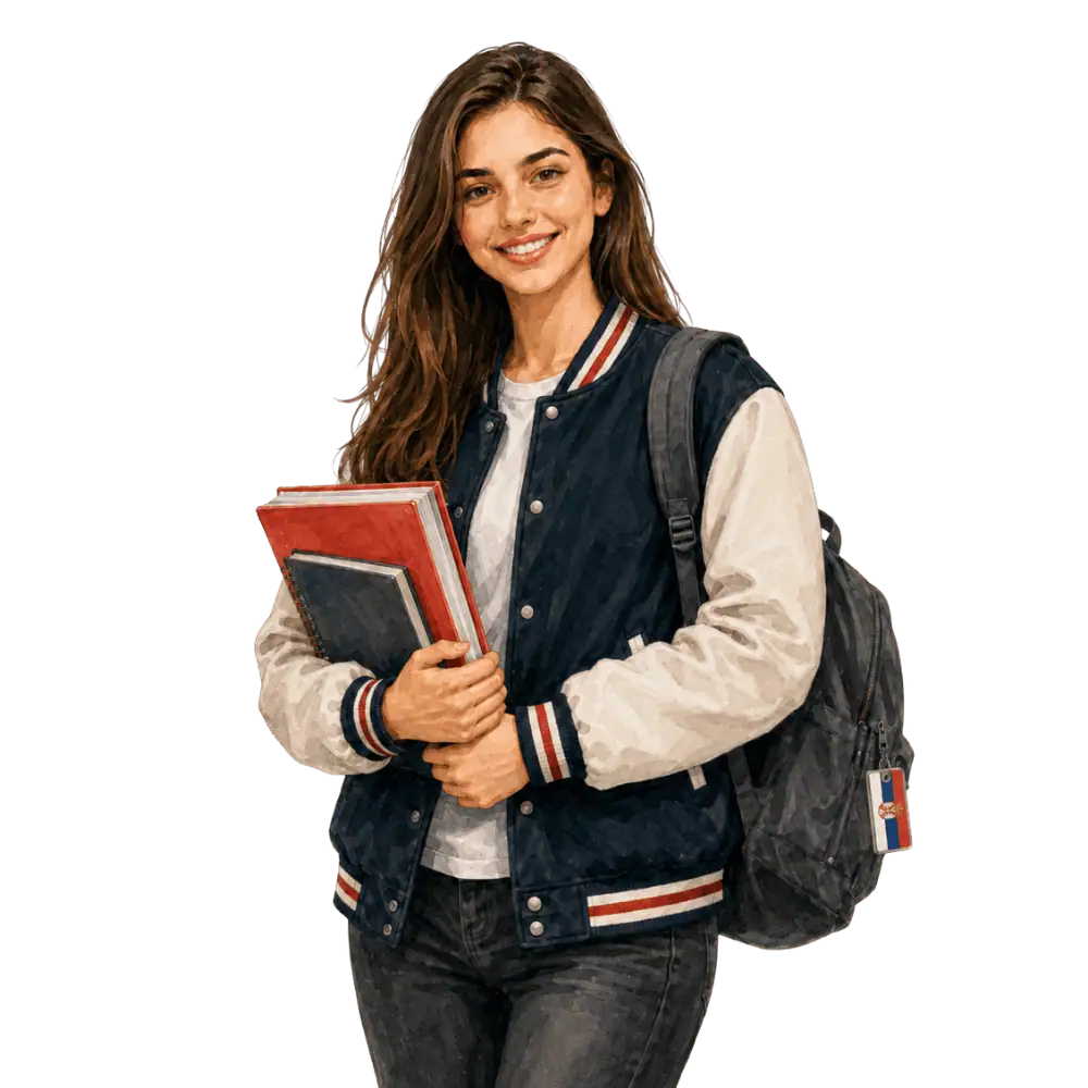 Student with books, a backpack and a Serbian flag tag representing study permits for Serbian students in Canada