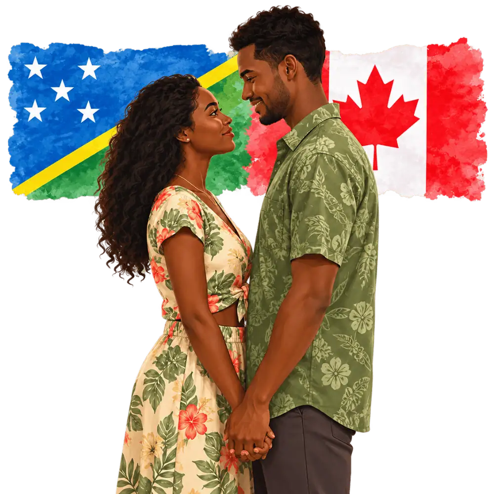 Couple with Solomon Islands and Canadian flags representing spousal sponsorship from the Solomon Islands to Canada