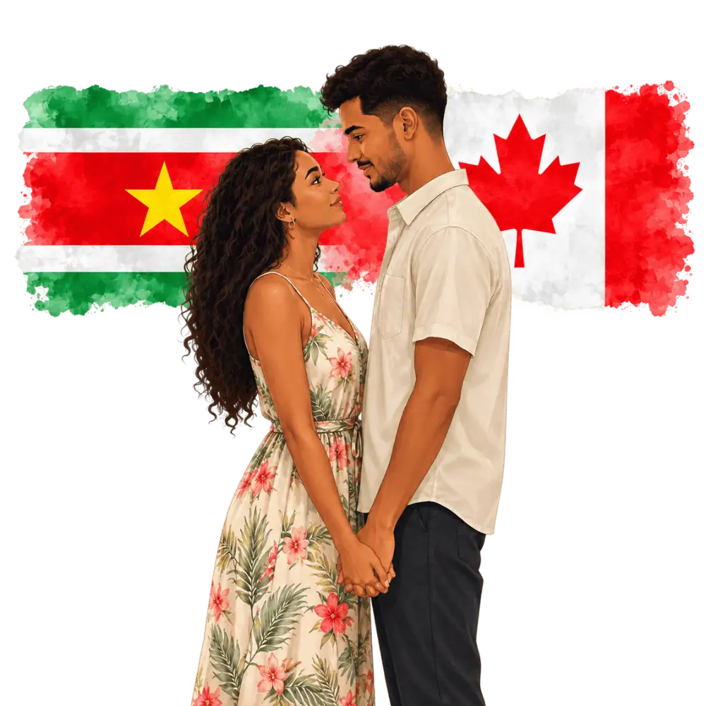 Couple with Surinamese and Canadian flags representing spousal sponsorship from Suriname to Canada