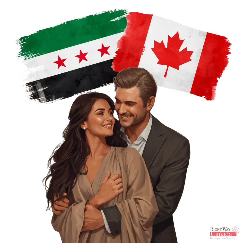 Couple with Syrian and Canadian flags representing spousal sponsorship from Syria to Canada