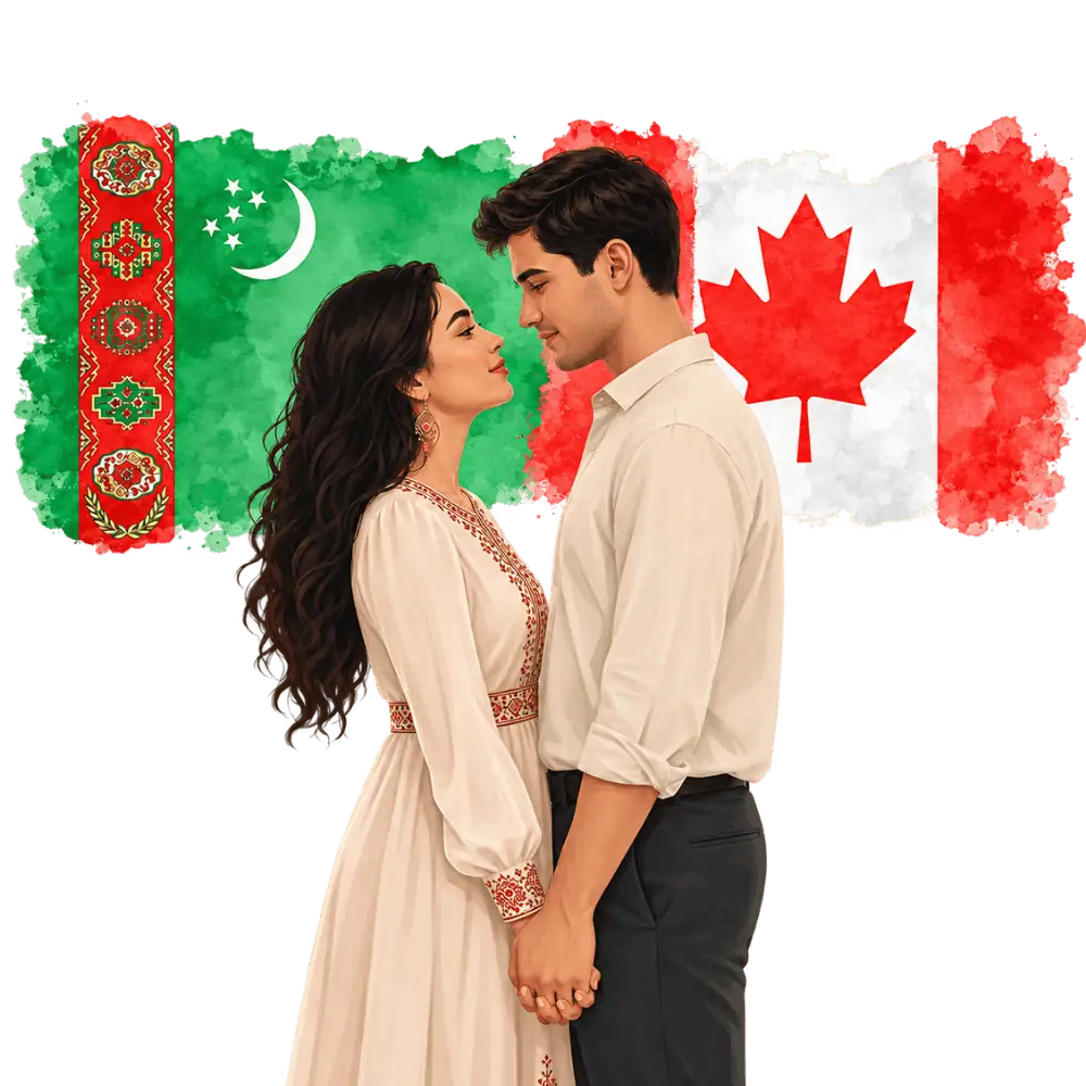 Couple with Turkmen and Canadian flags representing spousal sponsorship from Turkmenistan to Canada