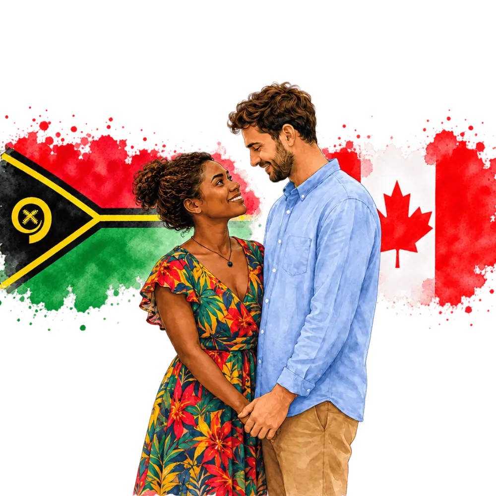 Couple with Vanuatu and Canadian flags representing spousal sponsorship from Vanuatu to Canada