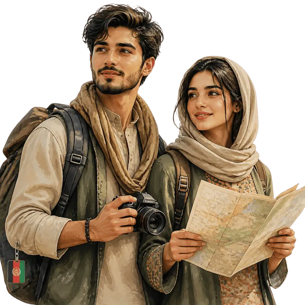 Travellers with backpacks, a camera and a flag tag representing travel from Afghanistan to Canada