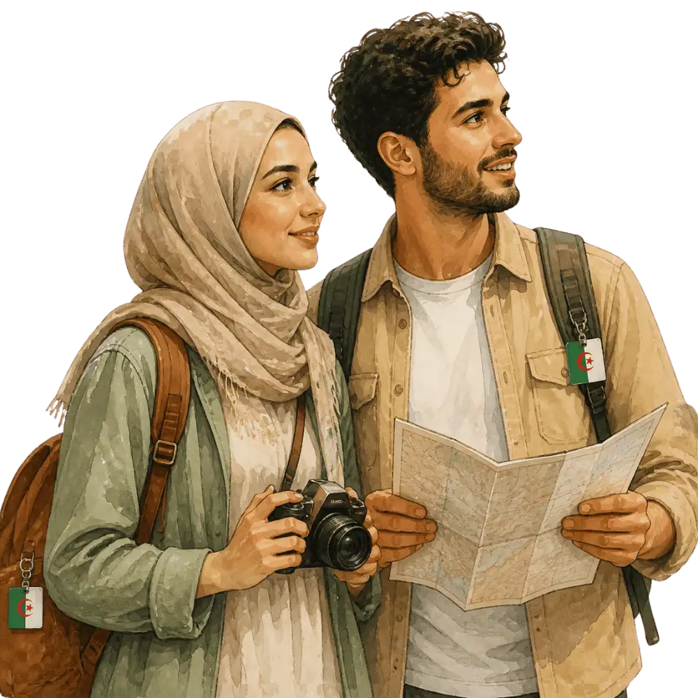 Travellers with backpacks, a camera and a flag tag representing travel from Algeria to Canada