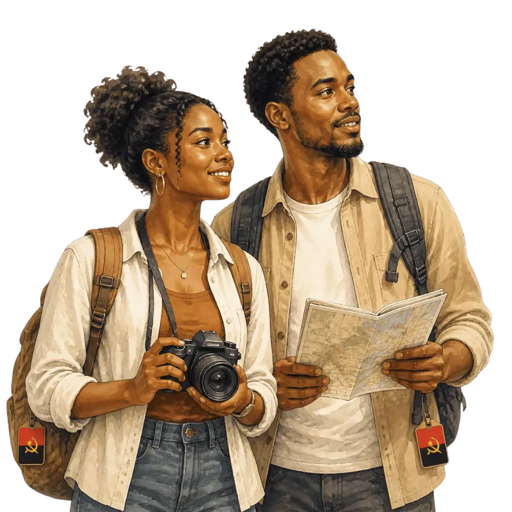 Travellers with backpacks, a camera and a flag tag representing travel from Angola to Canada