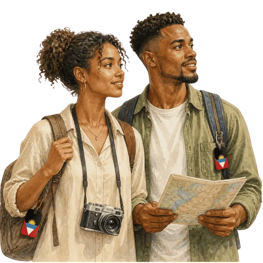 Travellers with backpacks, a camera and a flag tag representing travel from Antigua and Barbuda to Canada