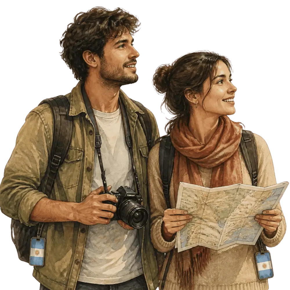 Travellers with backpacks, a camera and a flag tag representing travel from Argentina to Canada