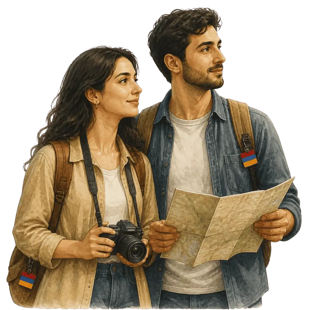 Travellers with backpacks, a camera and a flag tag representing travel from Armenia to Canada