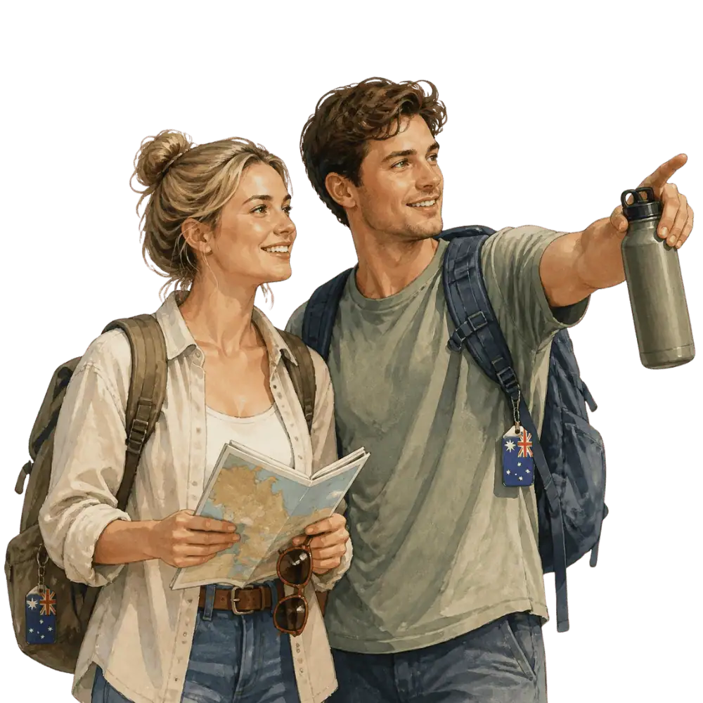Travellers with backpacks, a camera and a flag tag representing travel from Australia to Canada