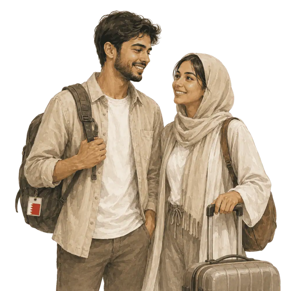 Travellers with backpacks, a camera and a flag tag representing travel from Bahrain to Canada