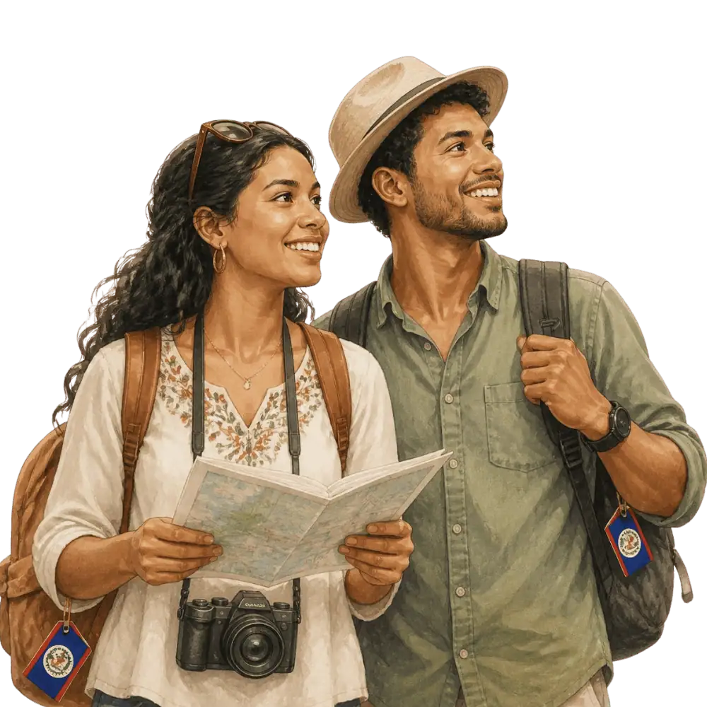Travellers with backpacks, a camera and a flag tag representing travel from Belize to Canada