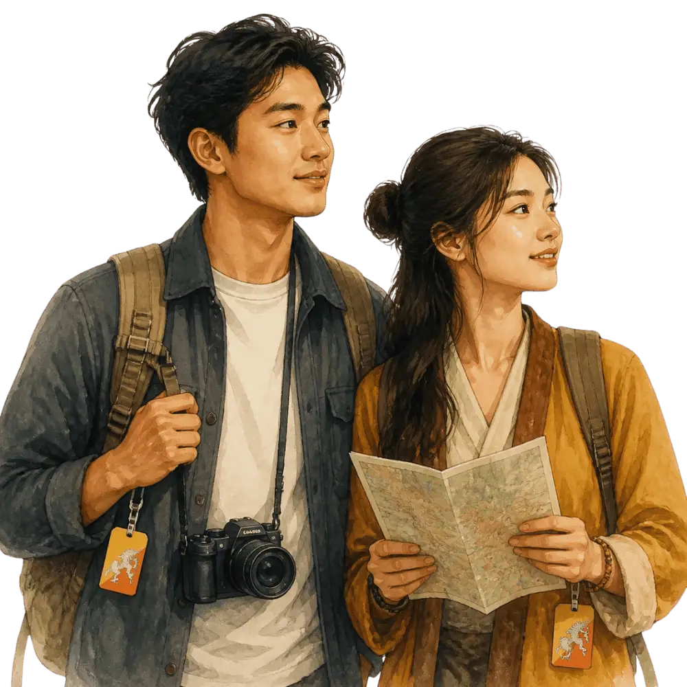 Travellers with backpacks, a camera and a flag tag representing travel from Bhutan to Canada