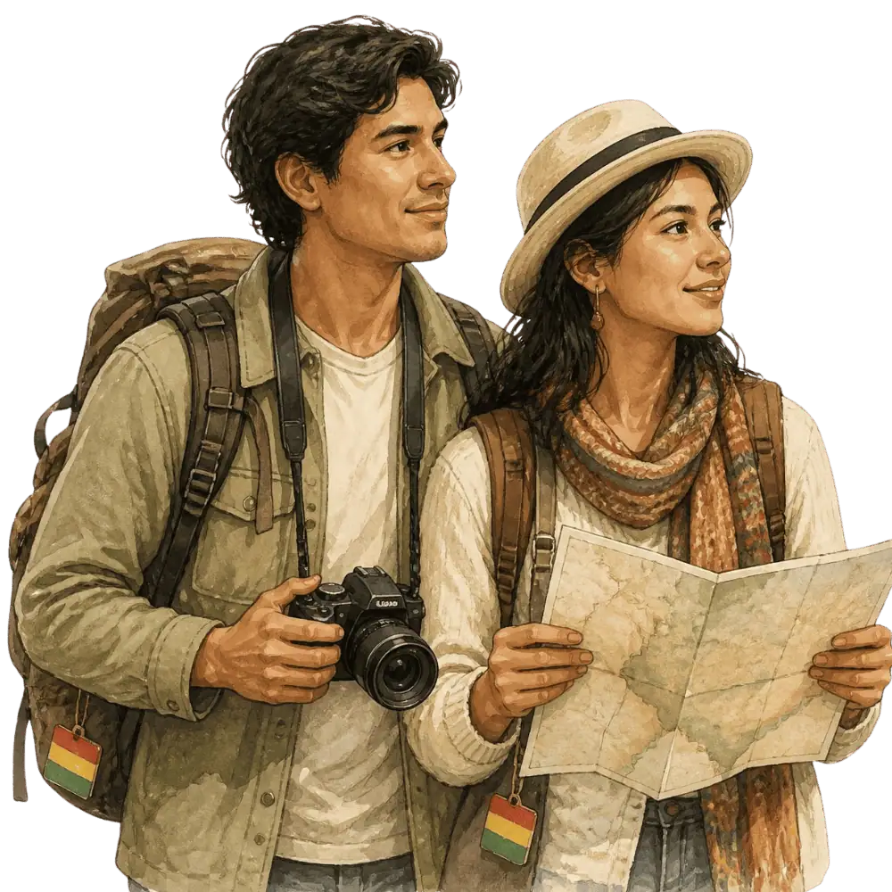 Travellers with backpacks, a camera and a flag tag representing travel from Bolivia to Canada