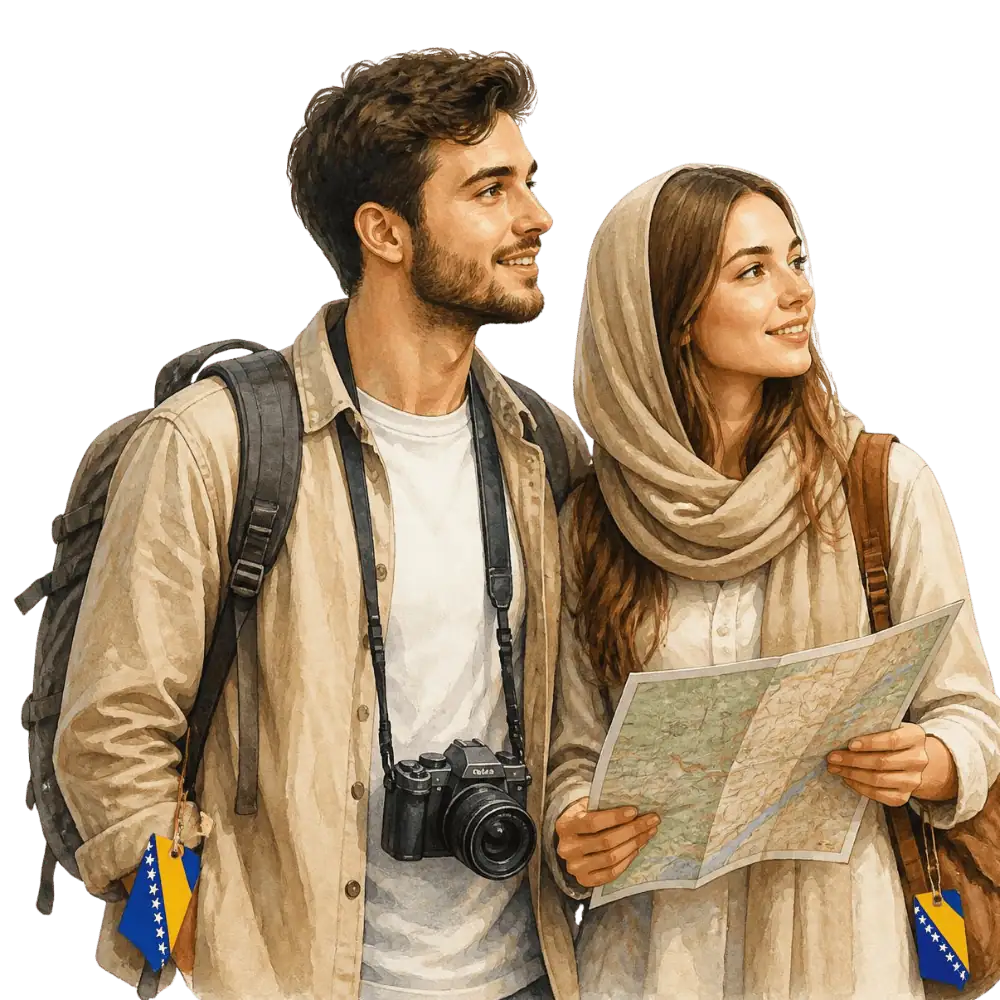 Travellers with backpacks, a camera and a flag tag representing travel from Bosnia and Herzegovina to Canada