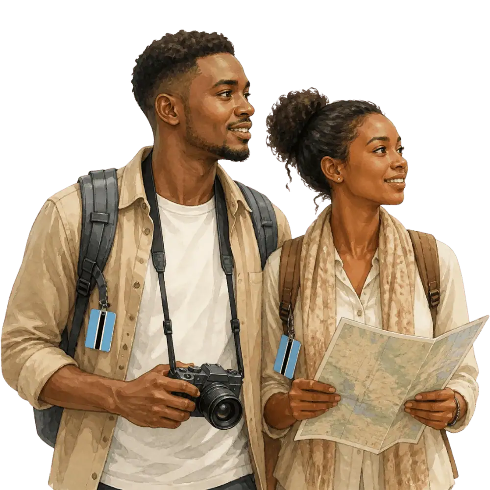 Travellers with backpacks, a camera and a flag tag representing travel from Botswana to Canada
