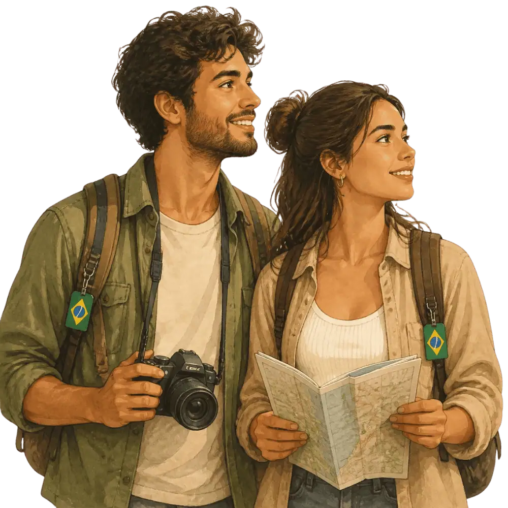 brazil.webp Travellers with backpacks, a camera and a flag tag representing travel from Brazil to Canada