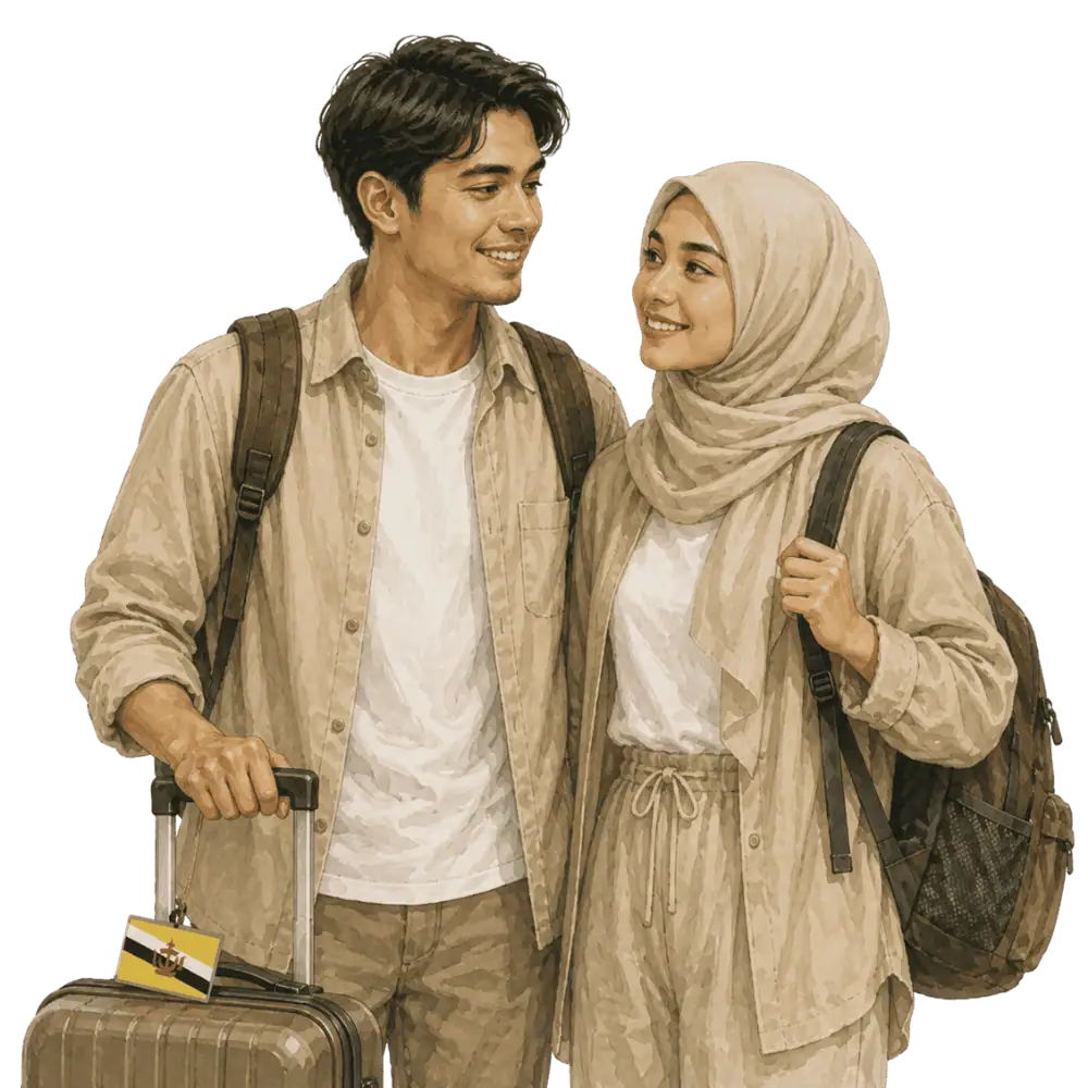 Travellers with backpacks, a camera and a flag tag representing travel from Brunei to Canada