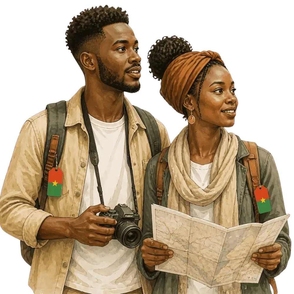 burkina-faso.webp Travellers with backpacks, a camera and a flag tag representing travel from Burkina Faso to Canada