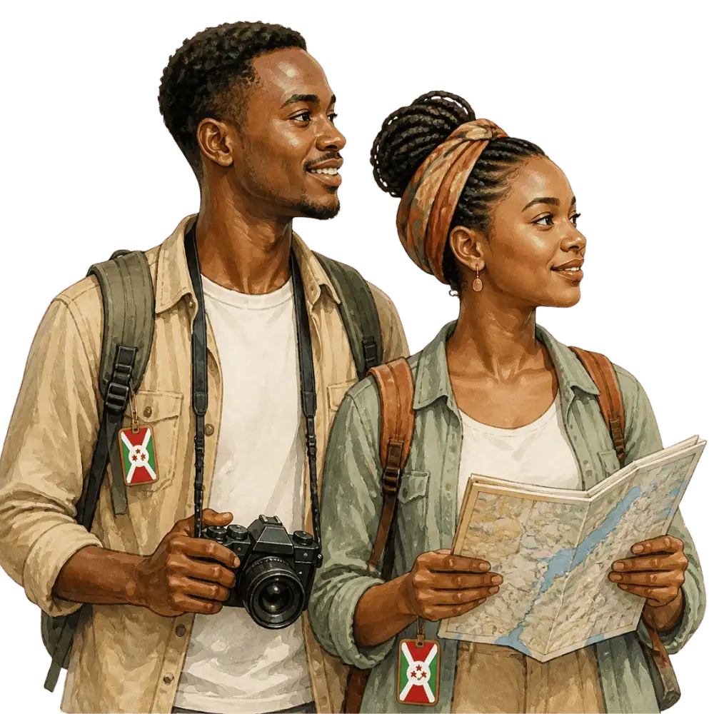 Travellers with backpacks, a camera and a flag tag representing travel from Burundi to Canada