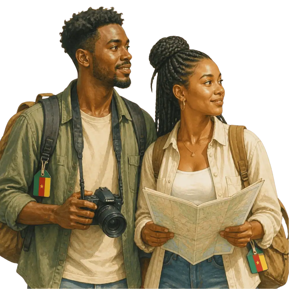 Travellers with backpacks, a camera and a flag tag representing travel from Cameroon to Canada