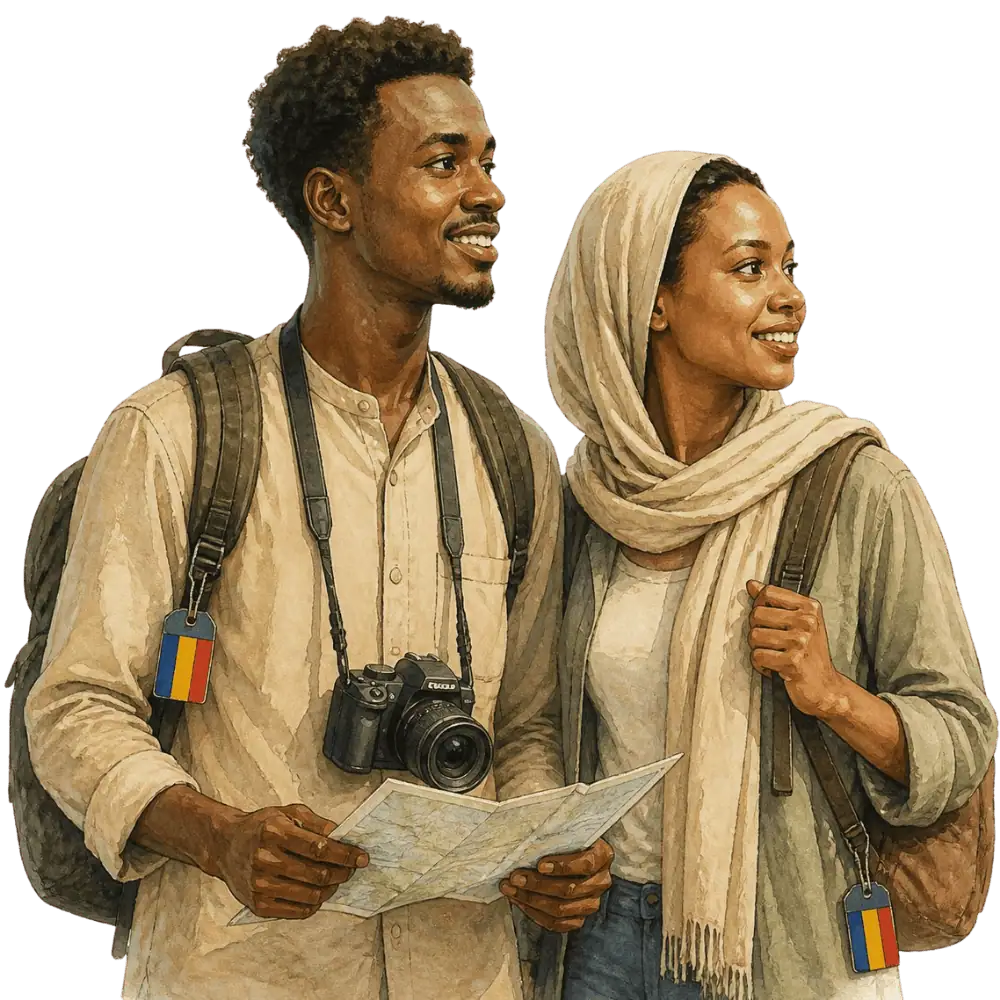 Travellers with backpacks, a camera and a flag tag representing travel from Chad to Canada