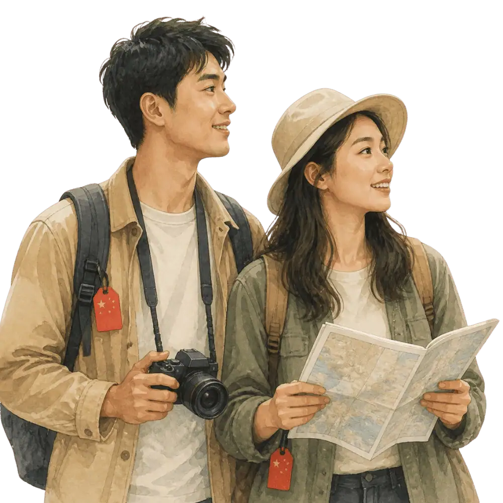Travellers with backpacks, a camera and a flag tag representing travel from China to Canada