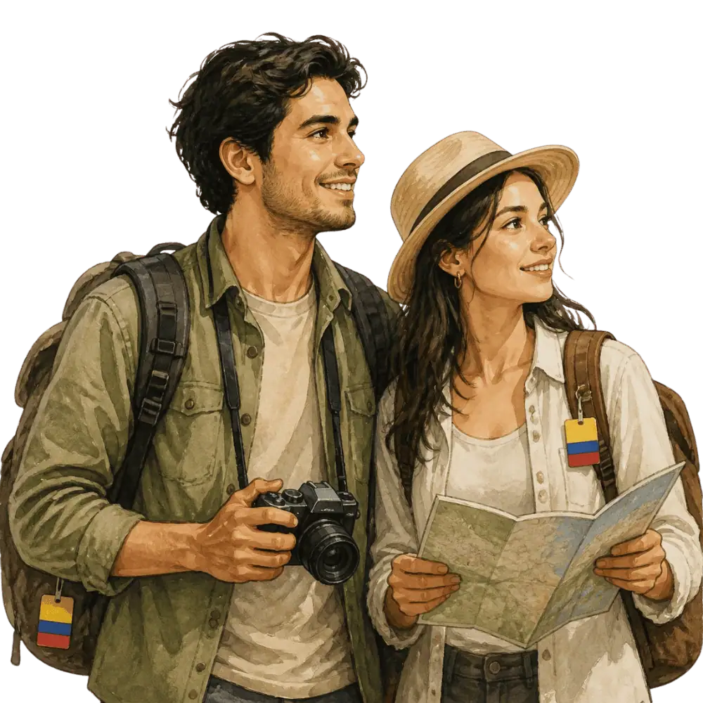 Travellers with backpacks, a camera and a flag tag representing travel from Colombia to Canada