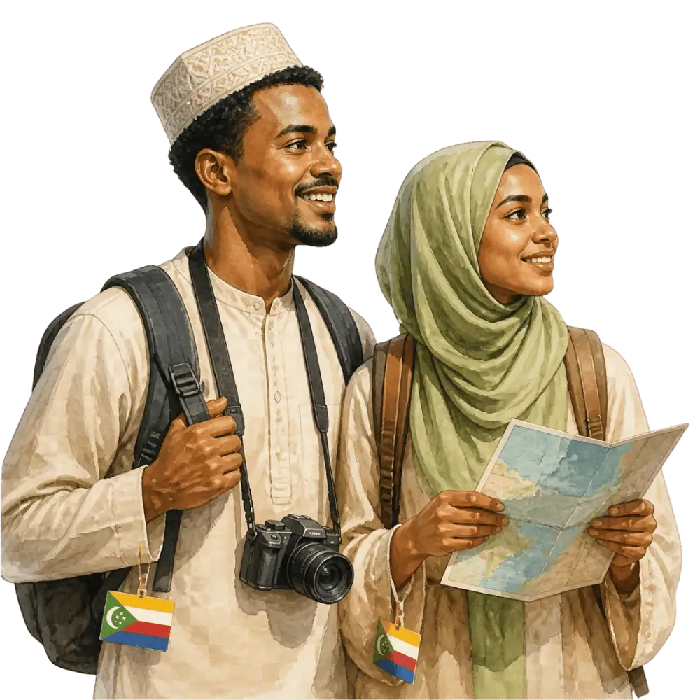 Travellers with backpacks, a camera and a flag tag representing travel from Comoros to Canada
