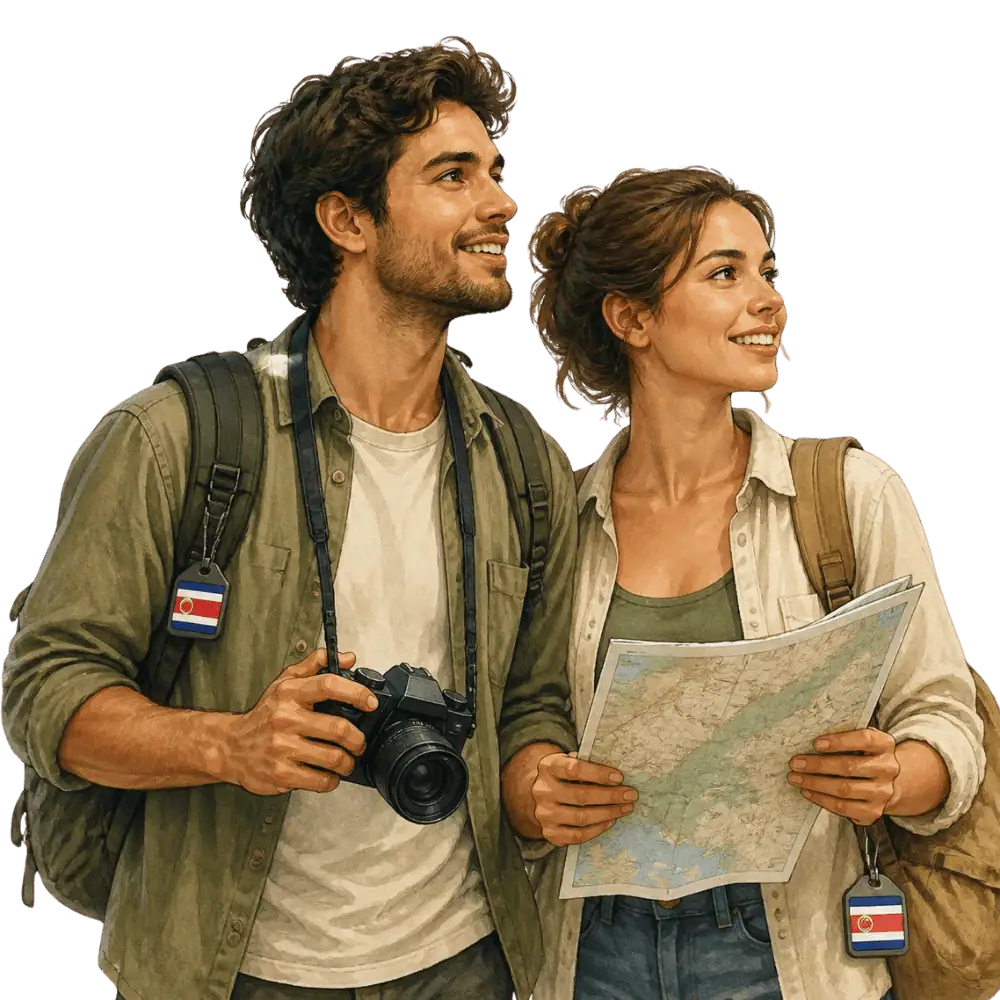 Travellers with backpacks, a camera and a flag tag representing travel from Costa Rica to Canada