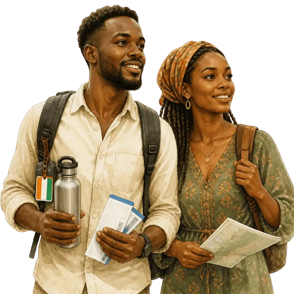 Travellers with backpacks, a camera and a flag tag representing travel from Côte d’Ivoire to Canada