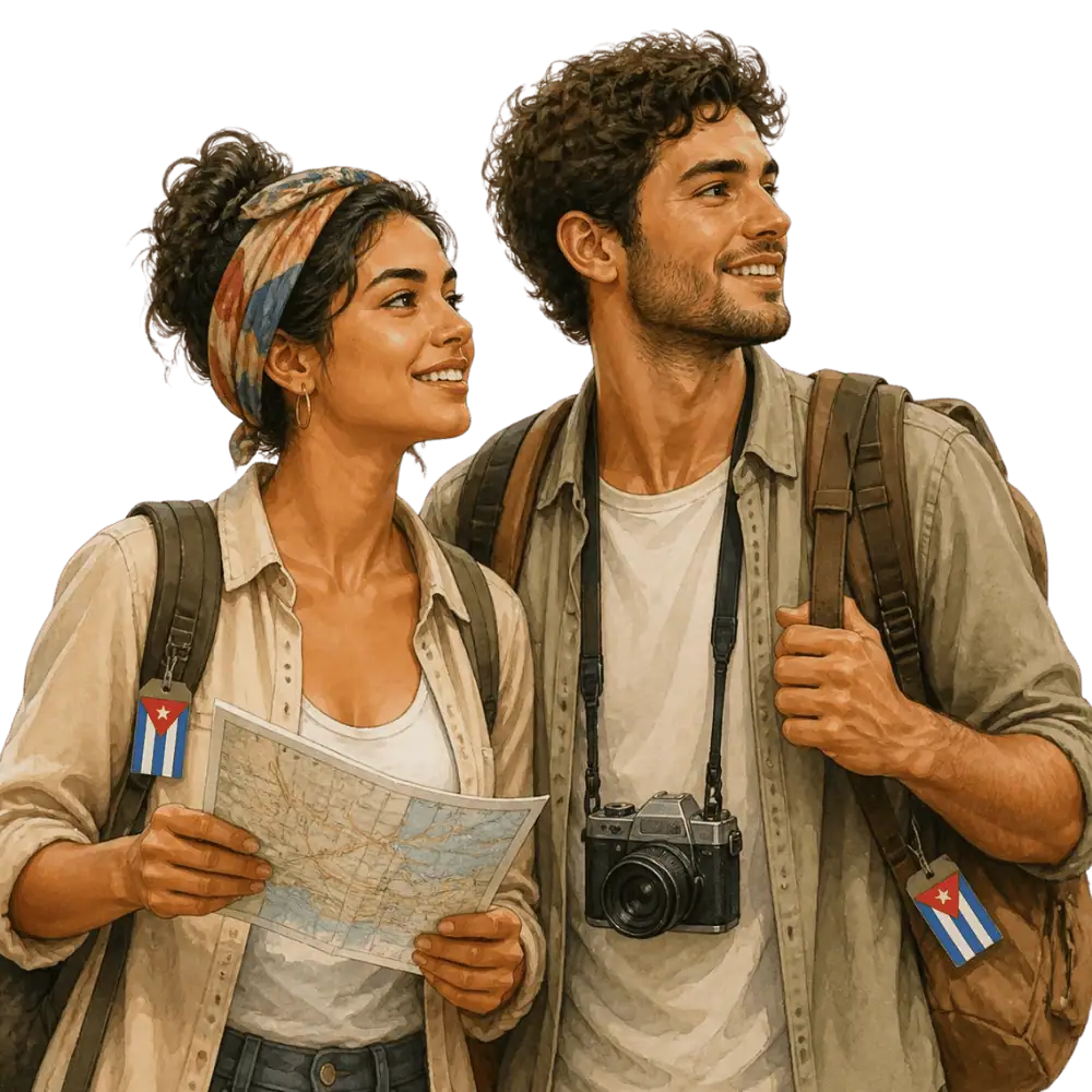Travellers with backpacks, a camera and a flag tag representing travel from Cuba to Canada