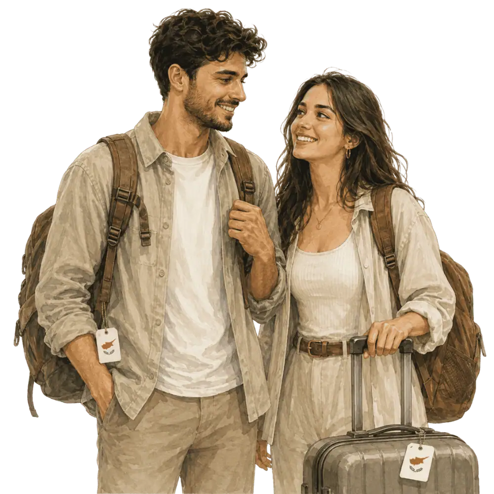 Travellers with backpacks, a camera and a flag tag representing travel from Cyprus to Canada