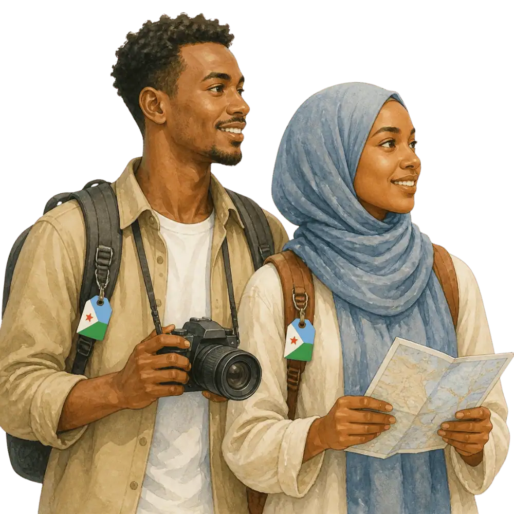 Travellers with backpacks, a camera and a flag tag representing travel from Djibouti to Canada