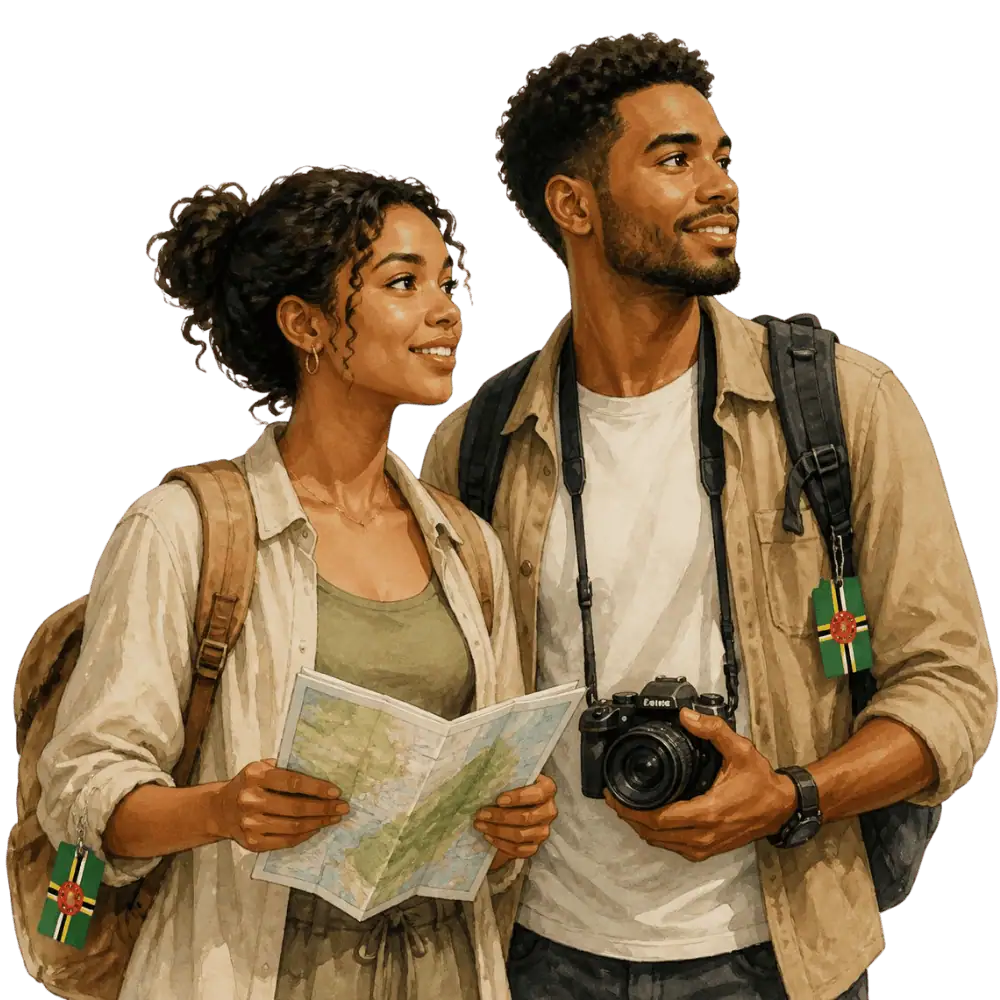 Travellers with backpacks, a camera and a flag tag representing travel from Dominica to Canada