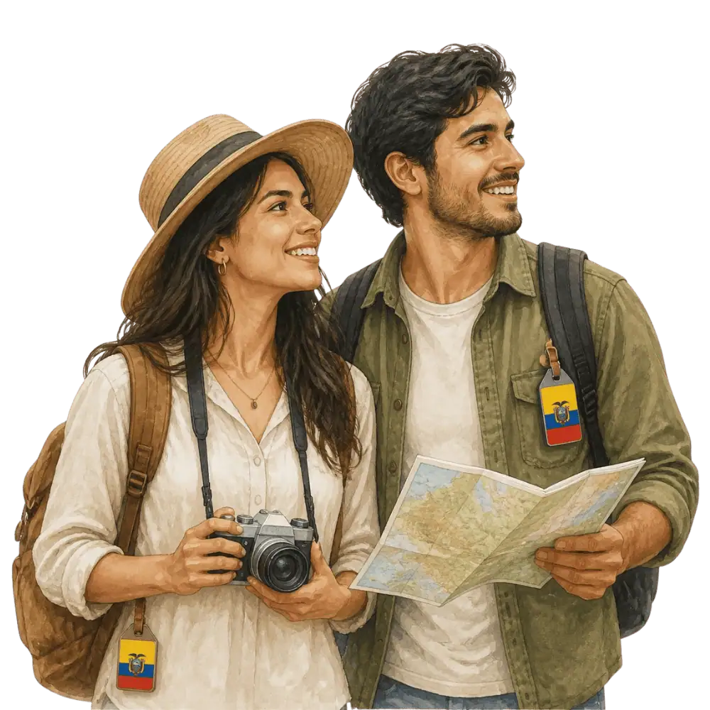Travellers with backpacks, a camera and a flag tag representing travel from Ecuador to Canada