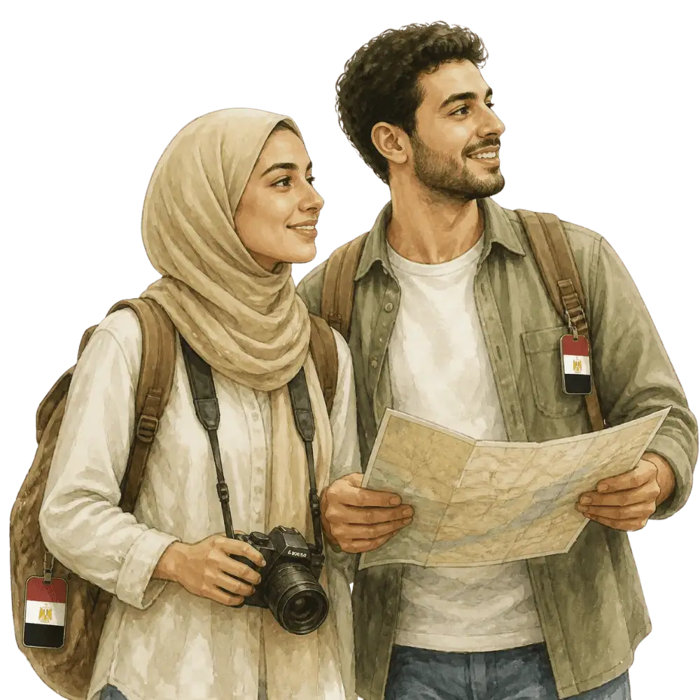 Travellers with backpacks, a camera and a flag tag representing travel from Egypt to Canada