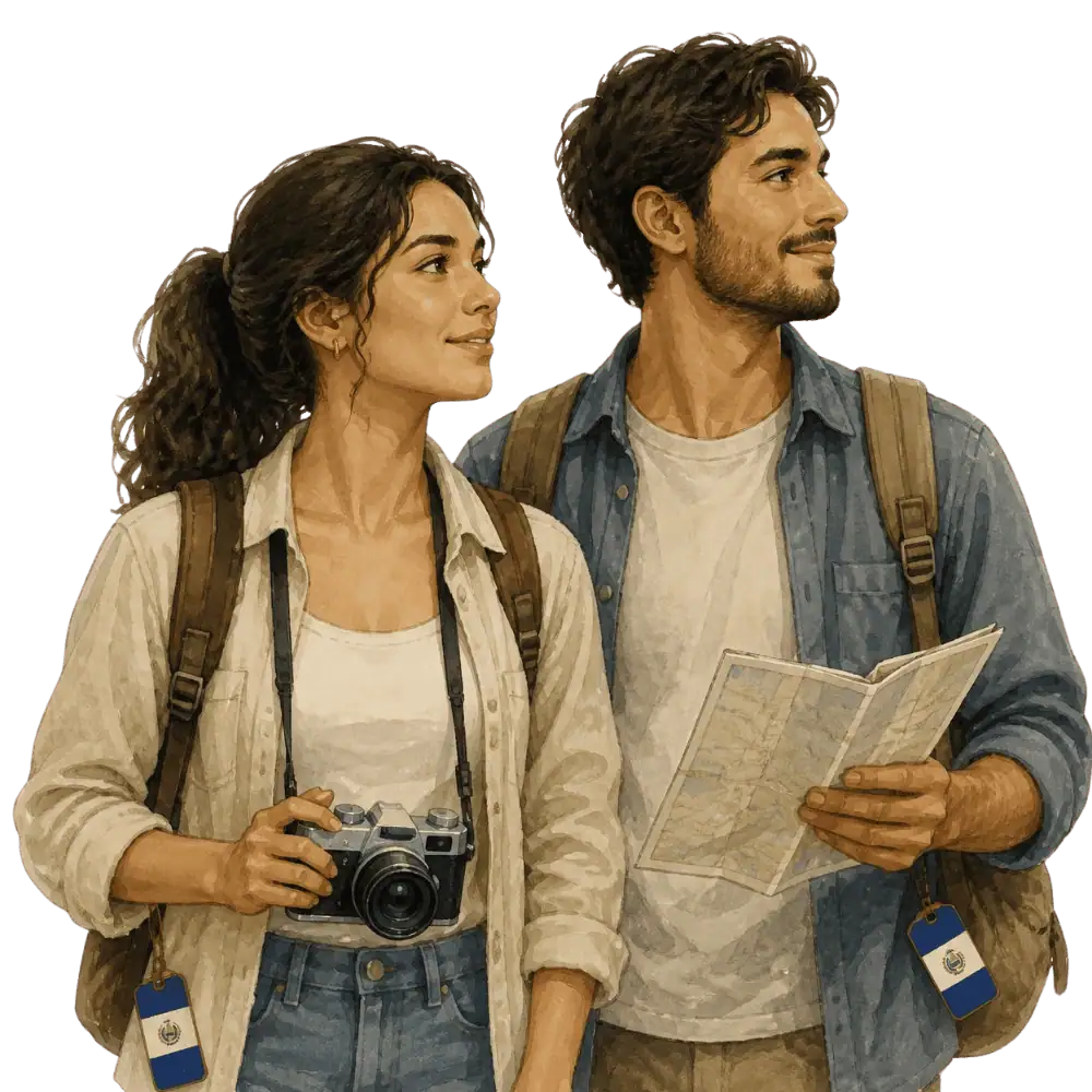 Travellers with backpacks, a camera and a flag tag representing travel from El Salvador to Canada