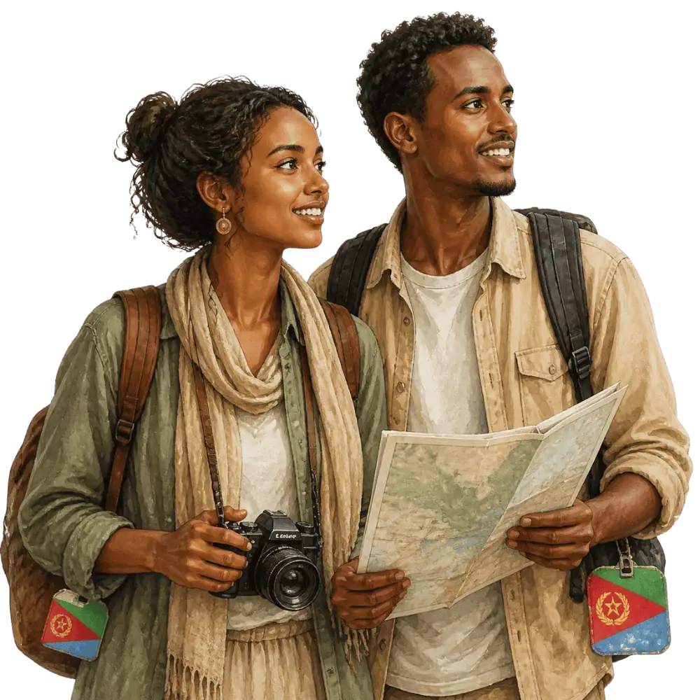 Travellers with backpacks, a camera and a flag tag representing travel from Eritrea to Canada