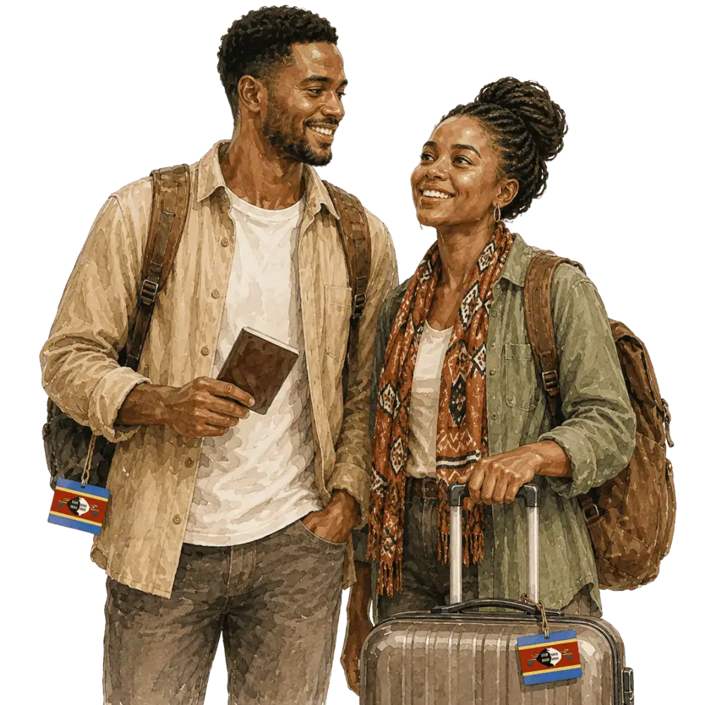 Travellers with backpacks, a camera and a flag tag representing travel from Eswatini to Canada