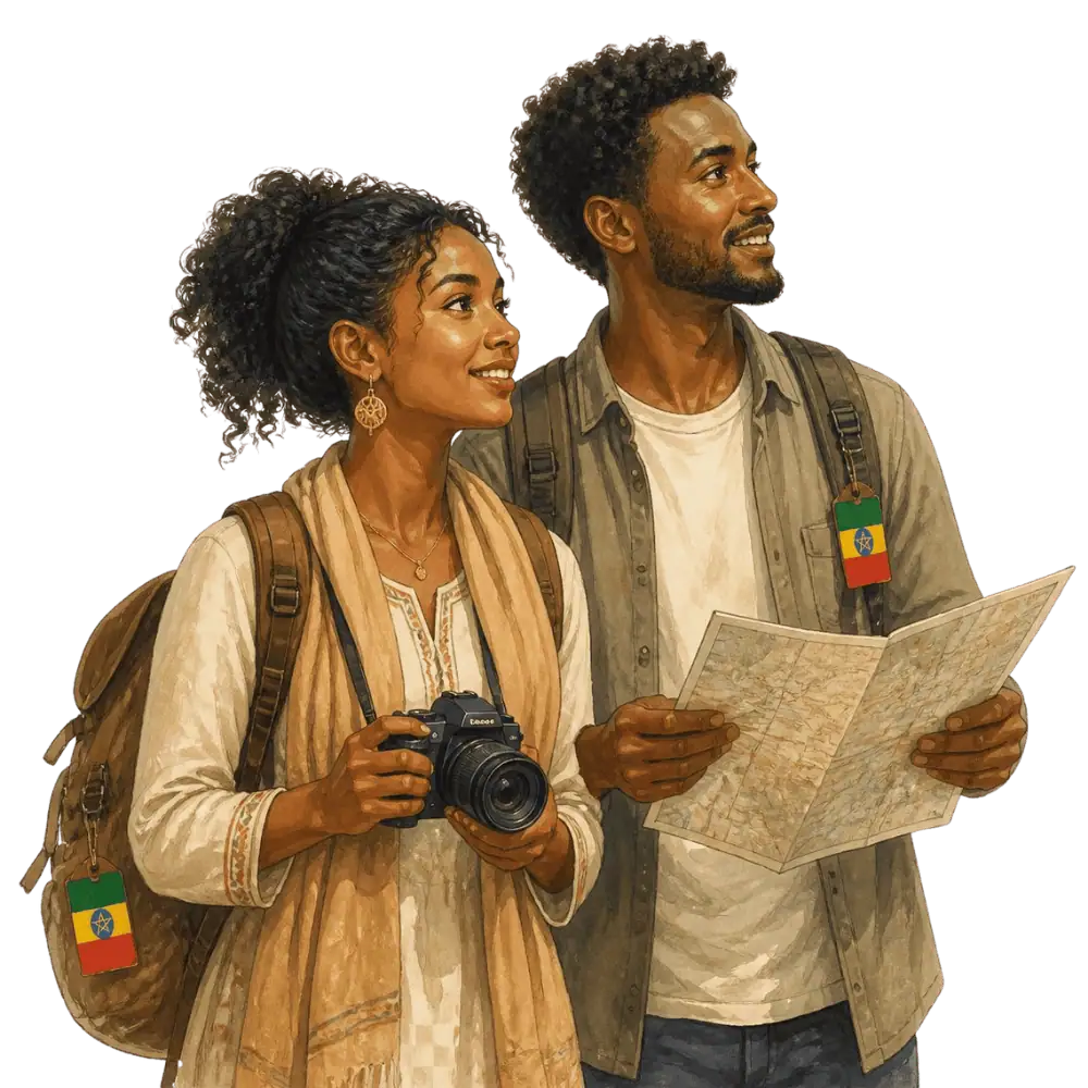 Travellers with backpacks, a camera and a flag tag representing travel from Ethiopia to Canada