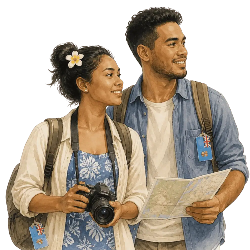 Travellers with backpacks, a camera and a flag tag representing travel from Fiji to Canada