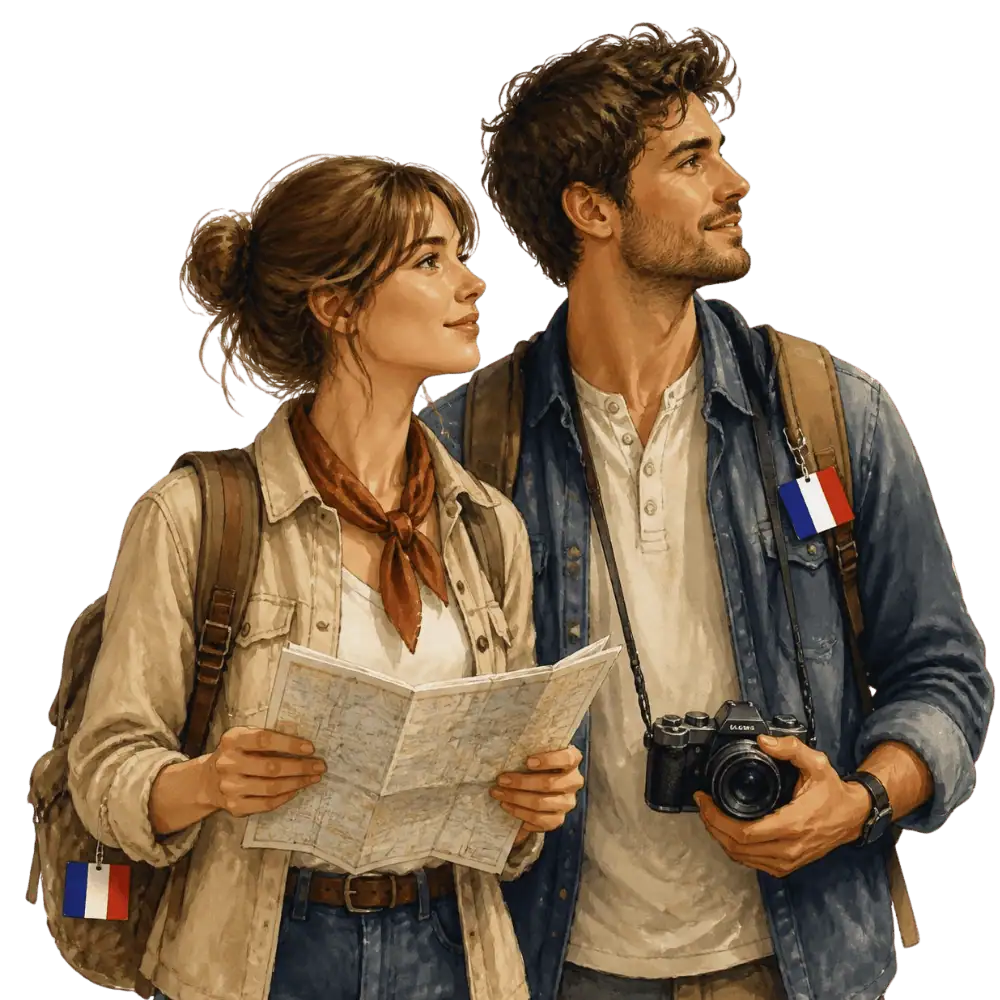 Travellers with backpacks, a camera and a flag tag representing travel from France to Canada