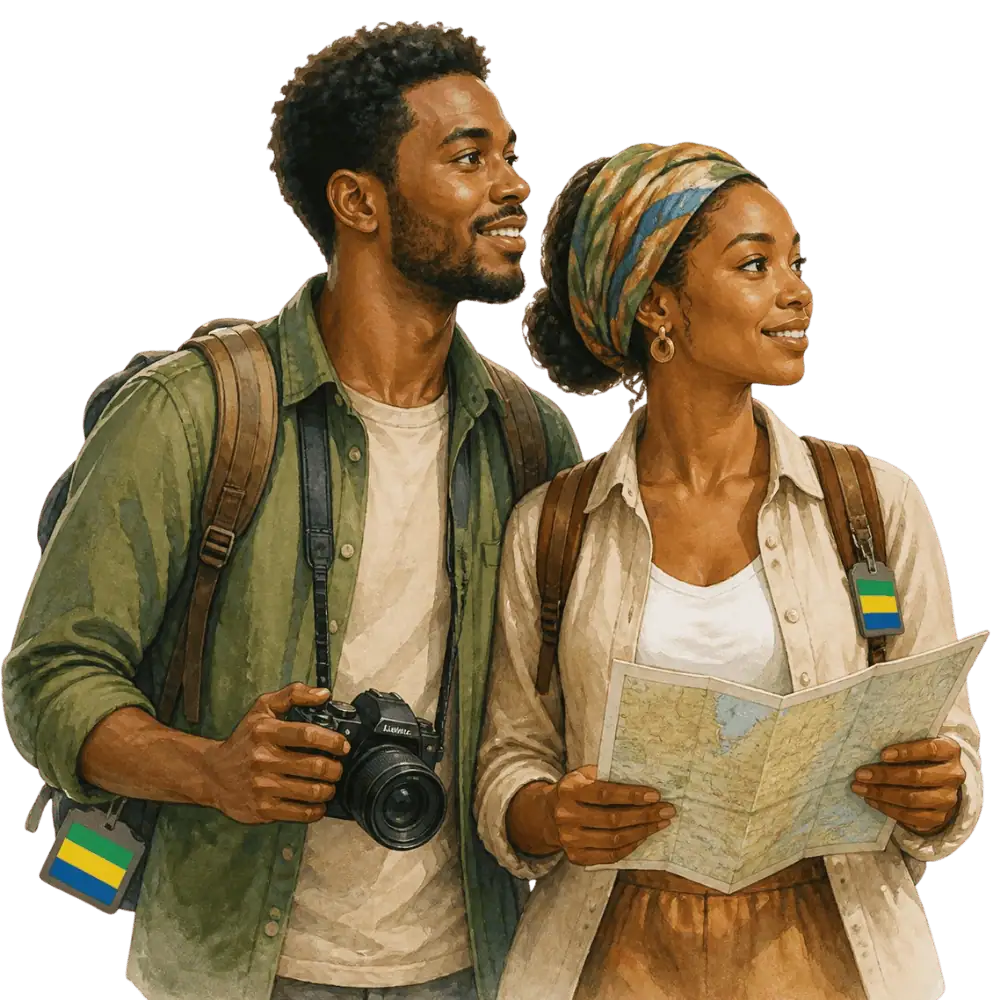 Travellers with backpacks, a camera and a flag tag representing travel from Gabon to Canada
