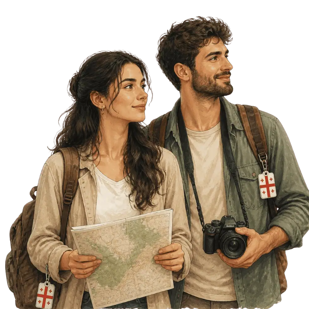 georgia.webp Travellers with backpacks, a camera and a flag tag representing travel from Georgia to Canada
